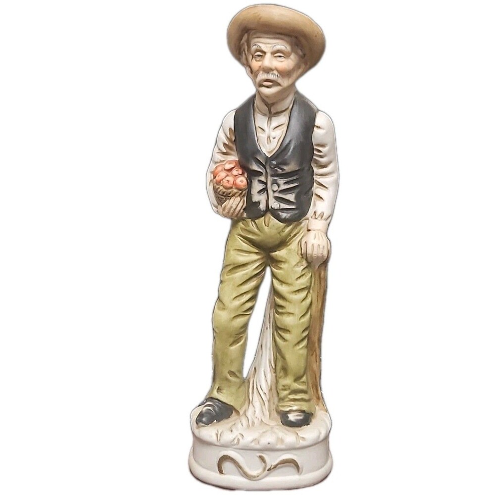 Porcelain Figurine Old People Man With cane Carrying Basket Of Apples 12in